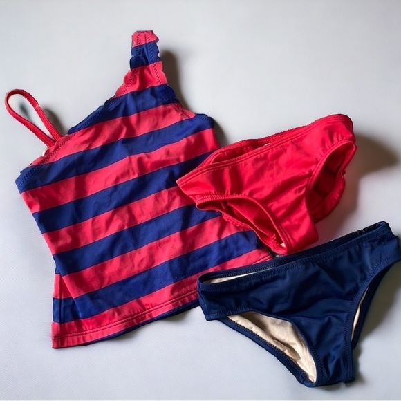 Lands’ End Red & Navy Striped Tankini + Extra Bottoms - Size 4 Years - Picture 1 of 9
